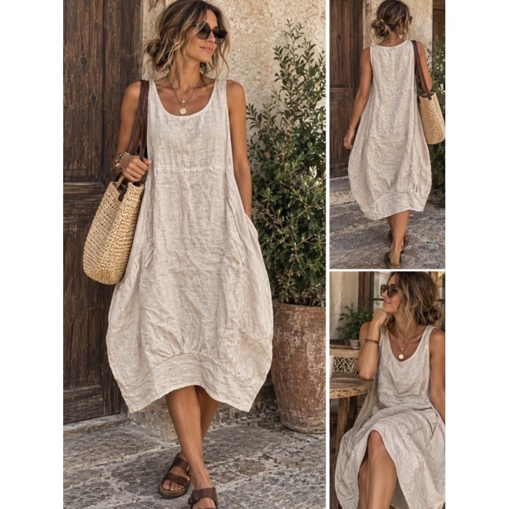 Made In Italy Dress Womens Lagenlook Boho Small/ Medium MINT Linen Pink Midi